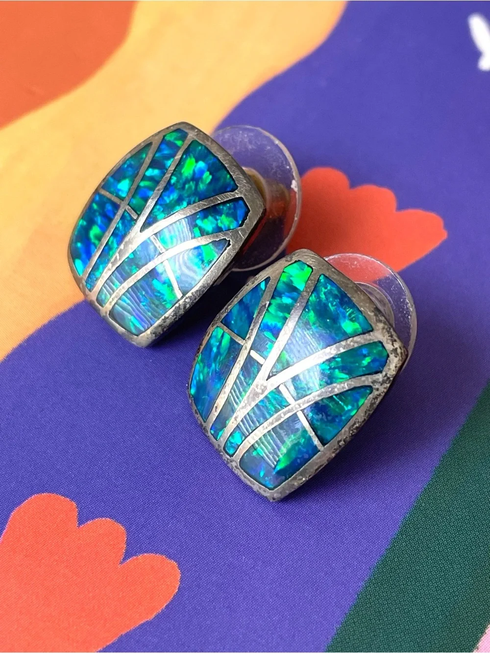 Vintage stamped sterling silver & blue green opal (?) inlay earrings